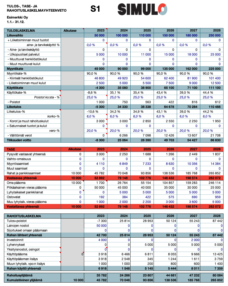 S1 Alkavan yrityksen tulos ja tase