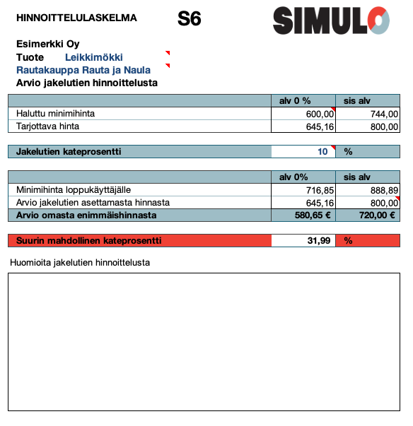 S6 Valmistettavan tuotteen hinnoittelulaskelma