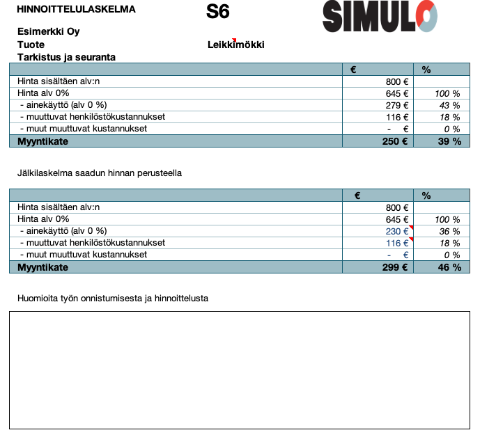 S6 Valmistettavan tuotteen hinnoittelulaskelma